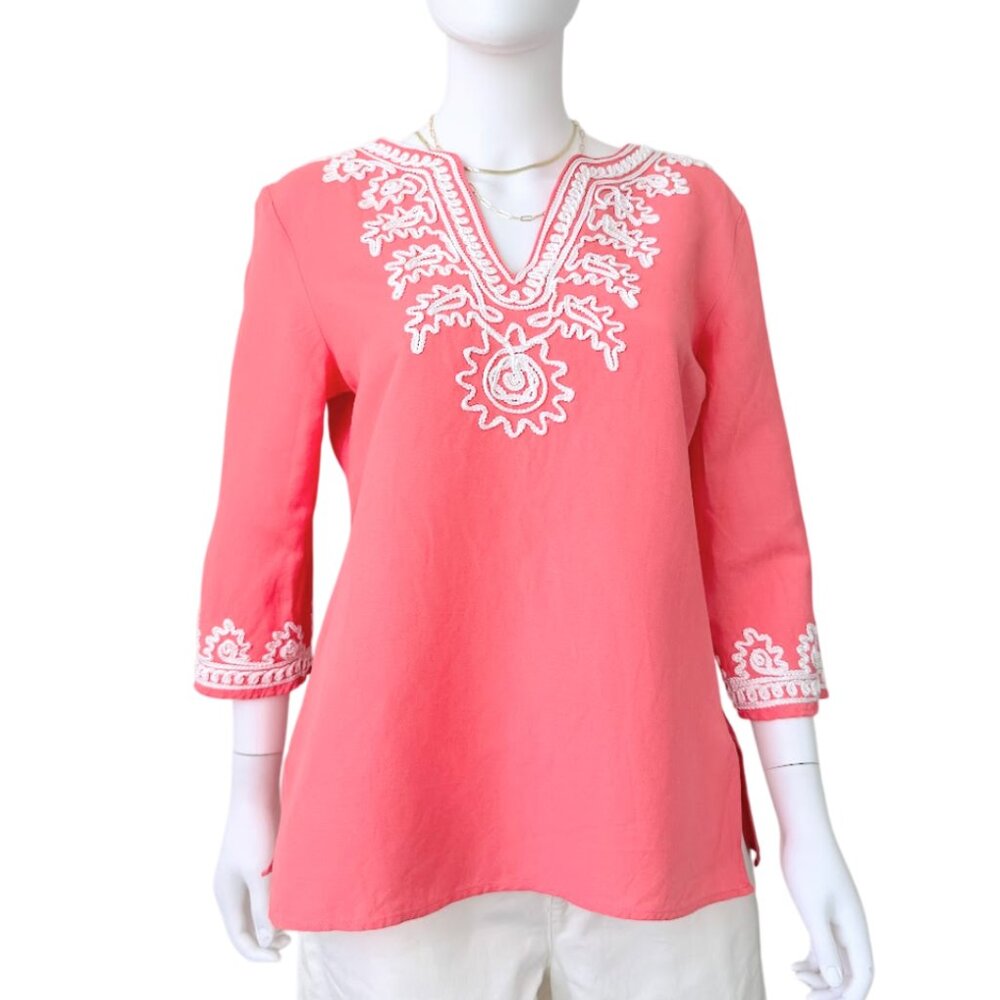 Coral Embroidered Tunic Top Boho Beach Cover Up 3/4 Sleeve M